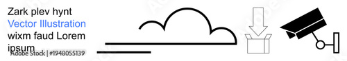 Cloud computing, data management, cybersecurity, remote access, digital security, information technology concepts. Minimalist black and white cloud, arrow in box and surveillance camera icons. Cloud
