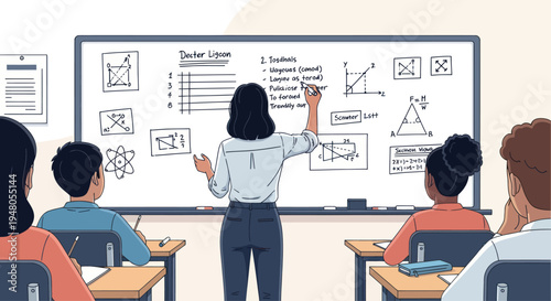 Teacher Explaining Math Concepts on Whiteboard to Students in Classroom