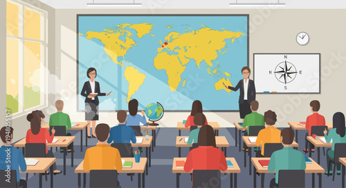 Diverse students learning geography from teachers in a modern classroom with world map