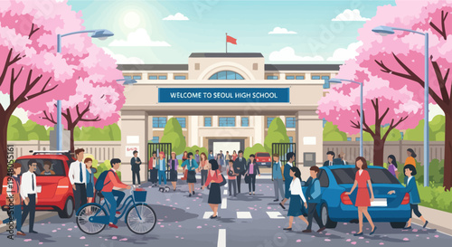 Students Arriving At High School Entrance During Cherry Blossom Season