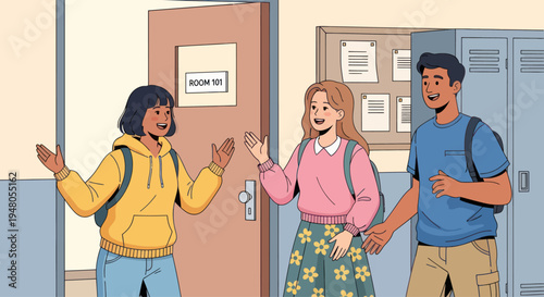 Diverse students meet in school hallway near classroom door and lockers