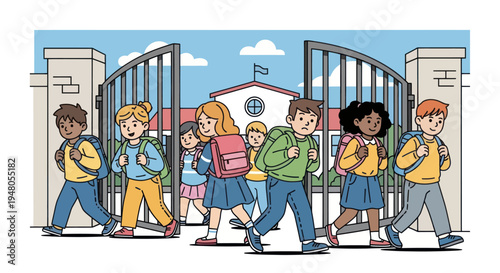Diverse kids walking through school gates with backpacks, returning to education