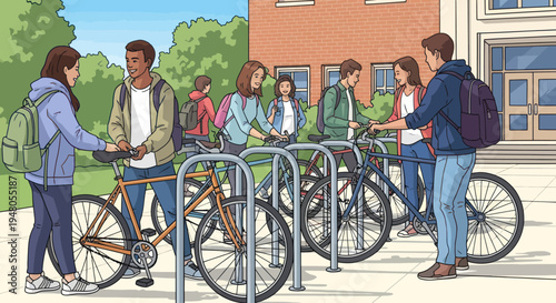 Students with bikes at school, outdoor campus scene, education, lifestyle, community