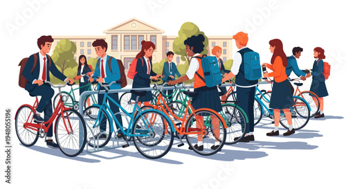 Diverse students with bicycles outside school building, cycling to education, sustainable transport