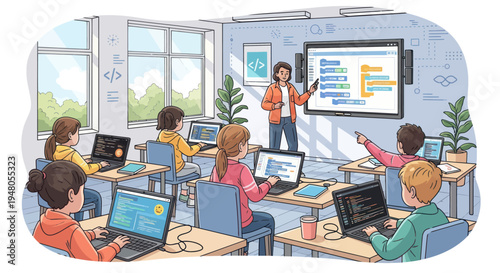Children Learning Coding in Modern Classroom with Interactive Whiteboard and Laptops