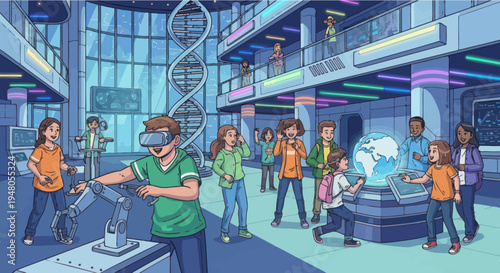 Children exploring science museum with VR, DNA, robots, and interactive displays.