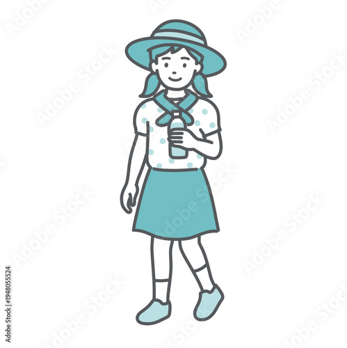 帽子・ネッククーラー・水分補給で熱中症対策をする女の子のイラスト