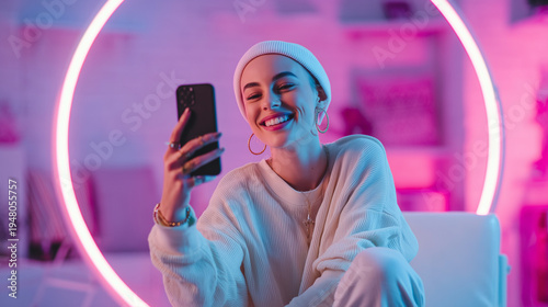 ultra realistic confident social media influencer smiling with smartphone, stylish woman in beanie with neon ring light background, trendy content creator holding phone in vibrant pink and blue studio