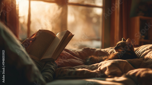ultra realistic cozy morning scene with person reading book in bed, warm golden hour sunlight in bedroom with tabby cat, cinematic aesthetic peaceful morning lifestyle with book and cat