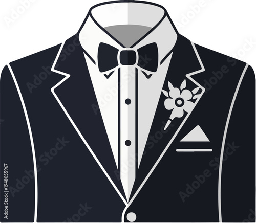 A stylish black tuxedo with a bow tie and flower lapel