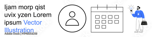 Personal identity, calendar planning, business creativity, professional growth, idea generation, concept brainstorming. Profile icon, calendar and person holding a light bulb. Personal identity