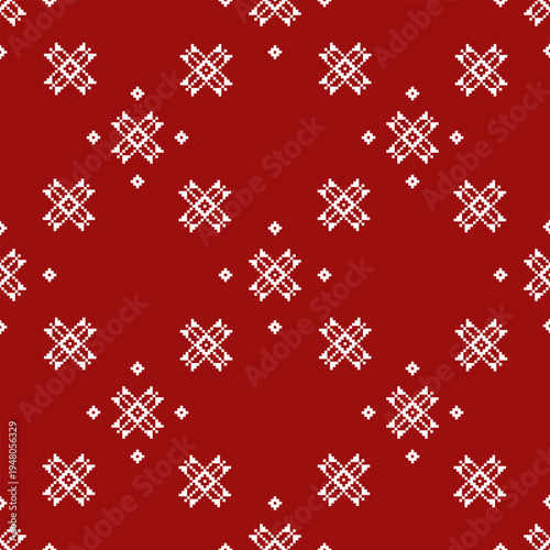 Red and white pixel pattern featuring star-shaped geometric motifs arranged in a balanced grid. Clean symmetry and light spacing create a seamless repeat for textile and surface applications.