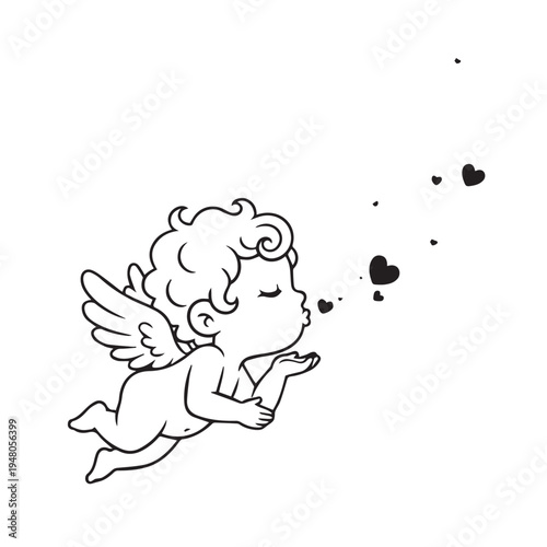 Cute cherub angel blowing hearts in a playful sketch style.