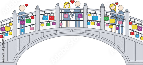 A colorful illustration of a bridge adorned with locks and hearts