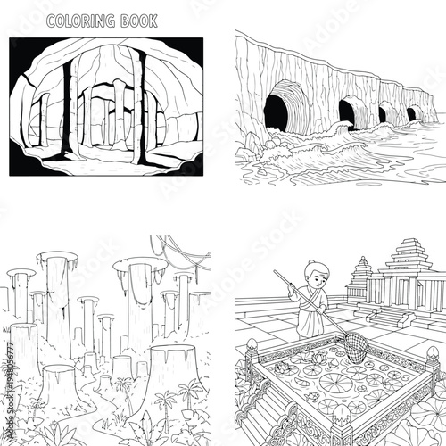 Cave entrance coloring book page and rock archways landscape line art with rock formation