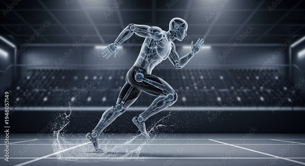 Obraz premium Transparent humanoid robot running on a track in a stadium. Futuristic AI athlete and robotics concept. High speed motion with water splashes