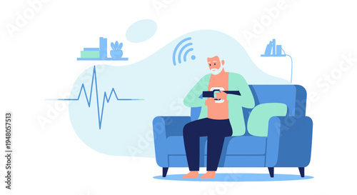 Elderly man using smart device for health monitoring at home, connected technology concept