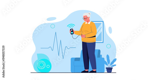 Elderly person using wearable health monitor with wireless connection and heart rate display