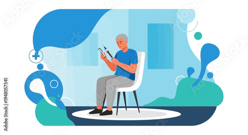 Elderly man with diabetes managing insulin injections at home, healthcare concept