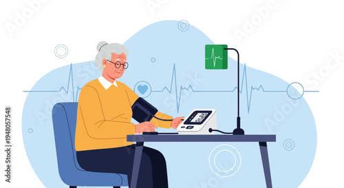 Elderly woman checks blood pressure at home with digital monitor, health concept