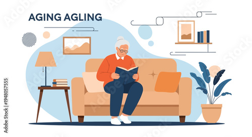 Elderly Woman Reading Book on Sofa at Home, Enjoying Leisure Time