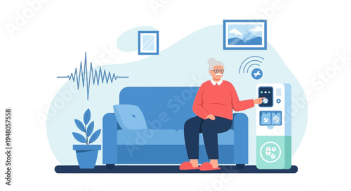 Elderly woman using smart home health monitoring device for senior care at home