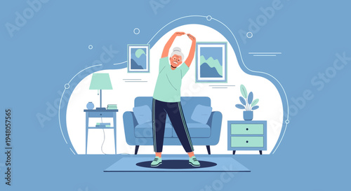 Elderly woman doing stretching exercises at home, healthy lifestyle for seniors, indoor fitness