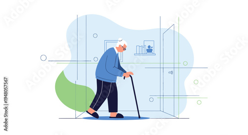 Elderly woman with cane walking, symbolizing aging, health, and independence in a modern home.