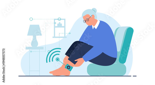 Elderly woman with smart wearable device on ankle, monitoring health at home