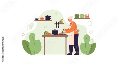 Elderly woman cooking healthy food in a cozy kitchen, preparing vegetables for a meal