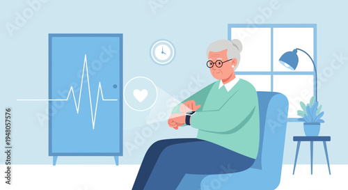 Elderly woman using smartwatch for health monitoring, heart rate display on screen