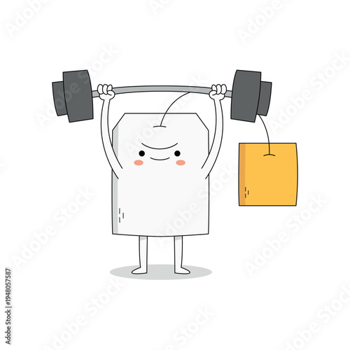 Cute tea bag cartoon character lifting weight barbell doodle
