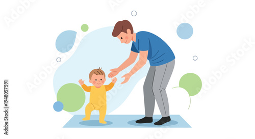 Father helping baby take first steps, learning to walk, childhood development, family bonding