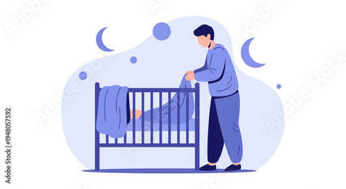 Father putting baby to sleep in crib at night, calm bedtime routine, parenting illustration