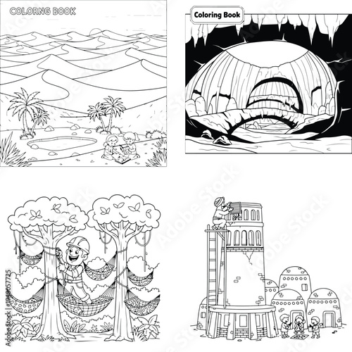 Desert dunes coloring page and futuristic building line art with children activity