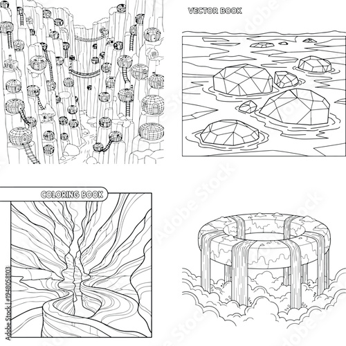 Outline illustration of futuristic space station interior with science fiction with line art
