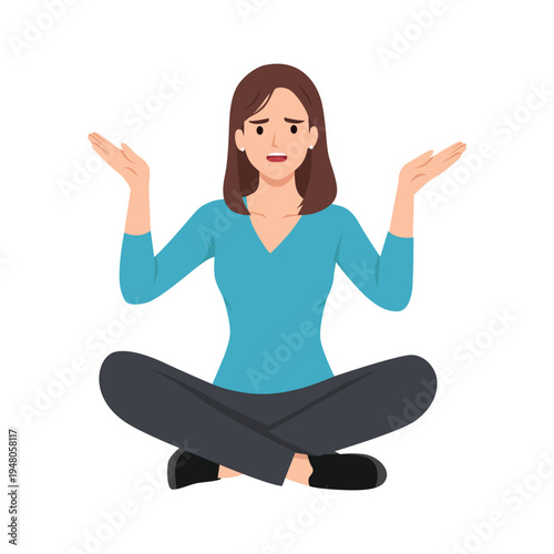 Confused Woman Sitting Cross-Legged Showing Uncertainty Gesture. Flat vector illustration isolated on white background