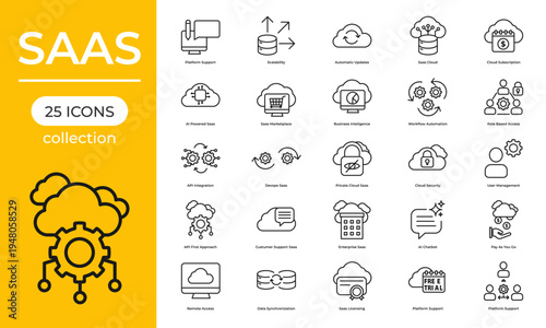 Collection of software as a service icons showing various features and functions for users