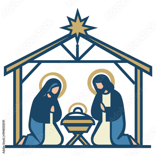 Modern Geometric Nativity Scene with Holy Family and Star. A clean, geometric vector illustration of the Nativity scene featuring Mary, Joseph, and Baby Jesus in a manger under the Star of Bethlehem. 