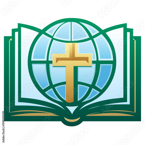 Religious Symbol of Open Bible with Globe and Cross. A vibrant green and blue vector illustration showing a golden cross centered over a globe, set against an open Bible, symbolizing the global reach 