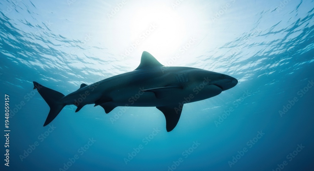 Obraz premium Powerful bull shark swimming through bright blue ocean waters creating an underwater silhouette