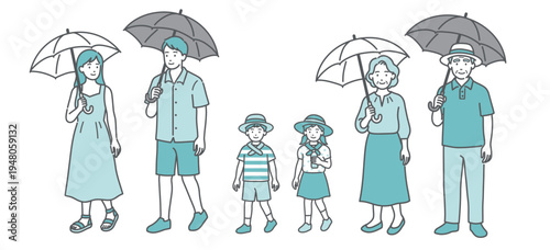 熱中症対策をする家族・全世代（子供・大人・シニア）のセットイラスト