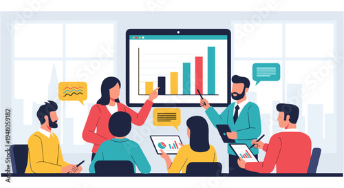 Diverse team discussing colorful business graphs on screen in modern office for corporate presentation