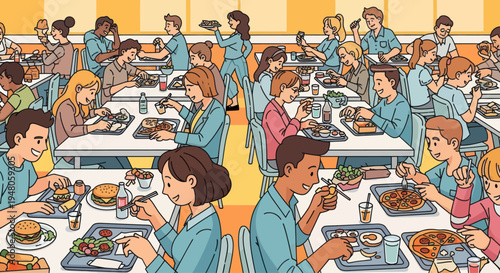 Diverse students eating lunch together in a bright, busy school cafeteria, animated style.