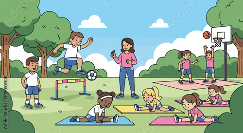 Children Doing Sports Activities Outdoors With Teacher - Exercise, Fun, Health, Summer
