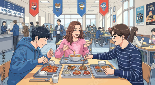 Students enjoying lunch together in a vibrant school cafeteria, diverse meals and happy interactions.