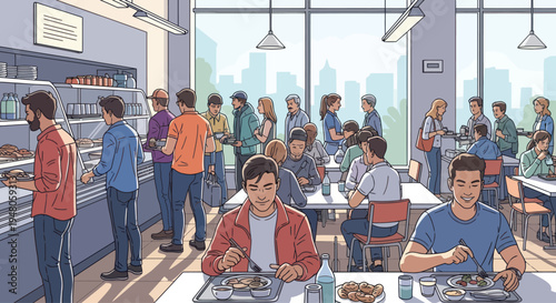 Diverse people eating in a bright, modern cafeteria with cityscape view
