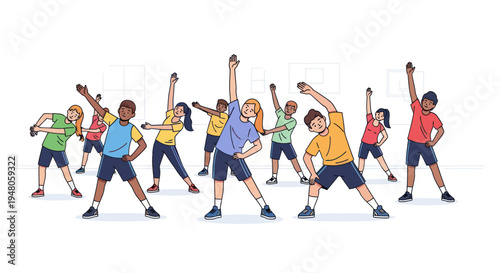 Diverse kids doing aerobic exercises in a gym class, stretching and moving together.