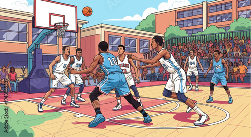 Teenage basketball players in action on outdoor court with spectators