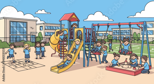 Children playing on playground equipment and sandbox at school